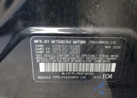 2019 Mitsubishi Mirage G4 Es z USA, uszkodzony, nr VIN ML32F3FJ3KHF06098